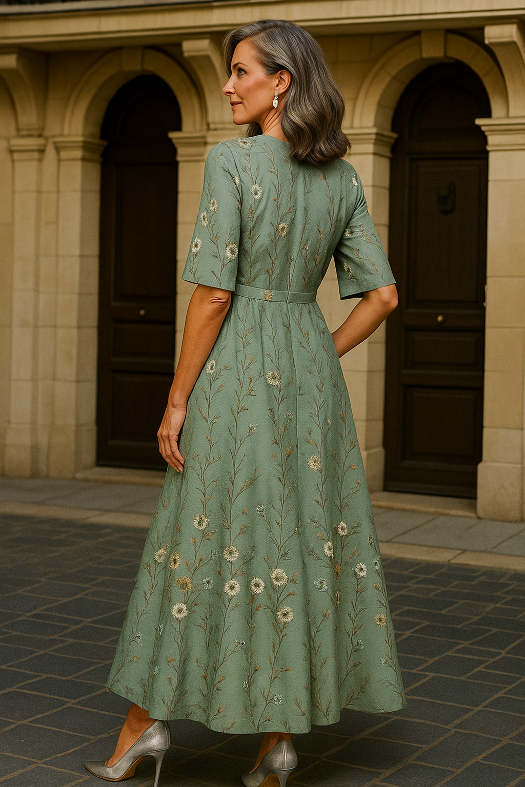 Hazel – Embroidered Sage Green V-Neck Midi Dress