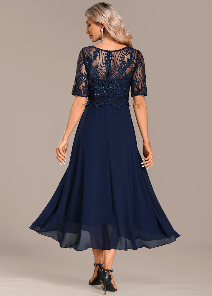 Luna Champagne Embroidery 3/4 Sleeve Round Neck Dress