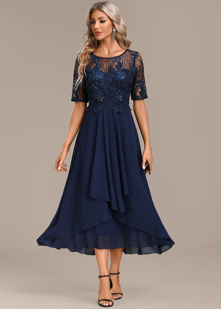 Luna Champagne Embroidery 3/4 Sleeve Round Neck Dress