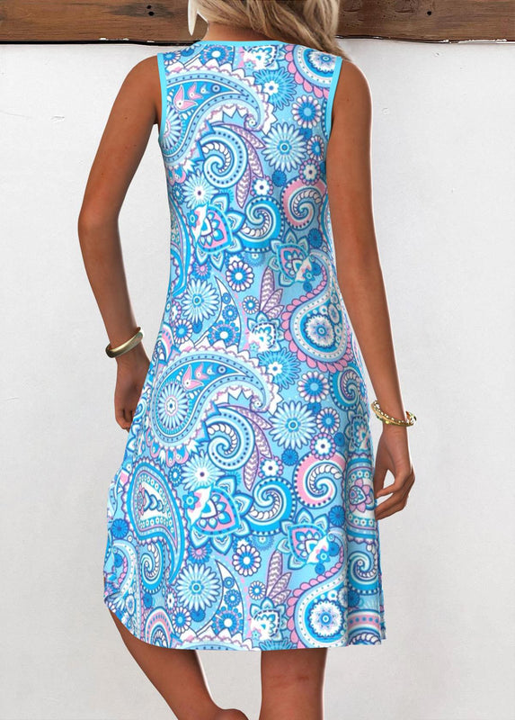 Alisa Light Blue Eyelet Tribal Print A Line Sleeveless Dress