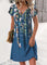 Luna Multi Color Floral Print Short Split Neck Dress - Peacock Blue