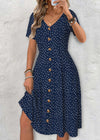 Claire Navy Polka Dot Short Sleeve V Neck Dress