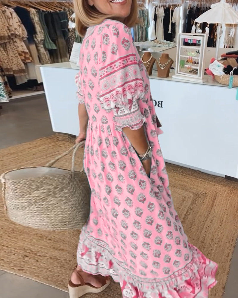 Rue - Casual Printed V-neck Half Sleeve Dress