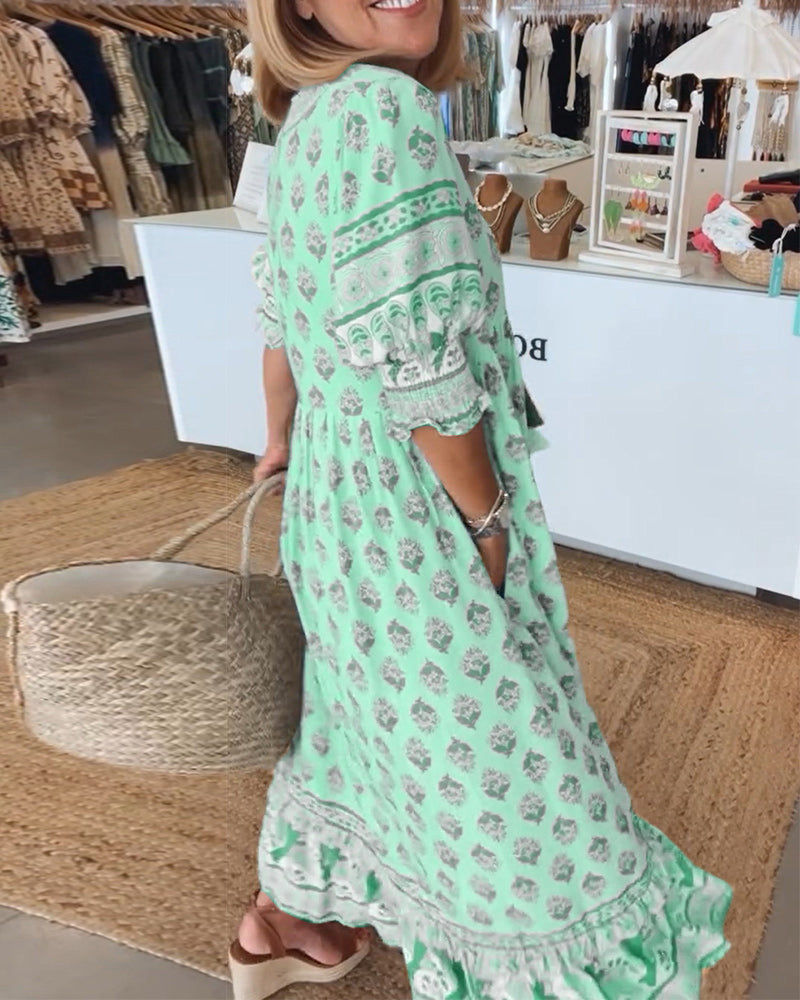 Rue - Casual Printed V-neck Half Sleeve Dress