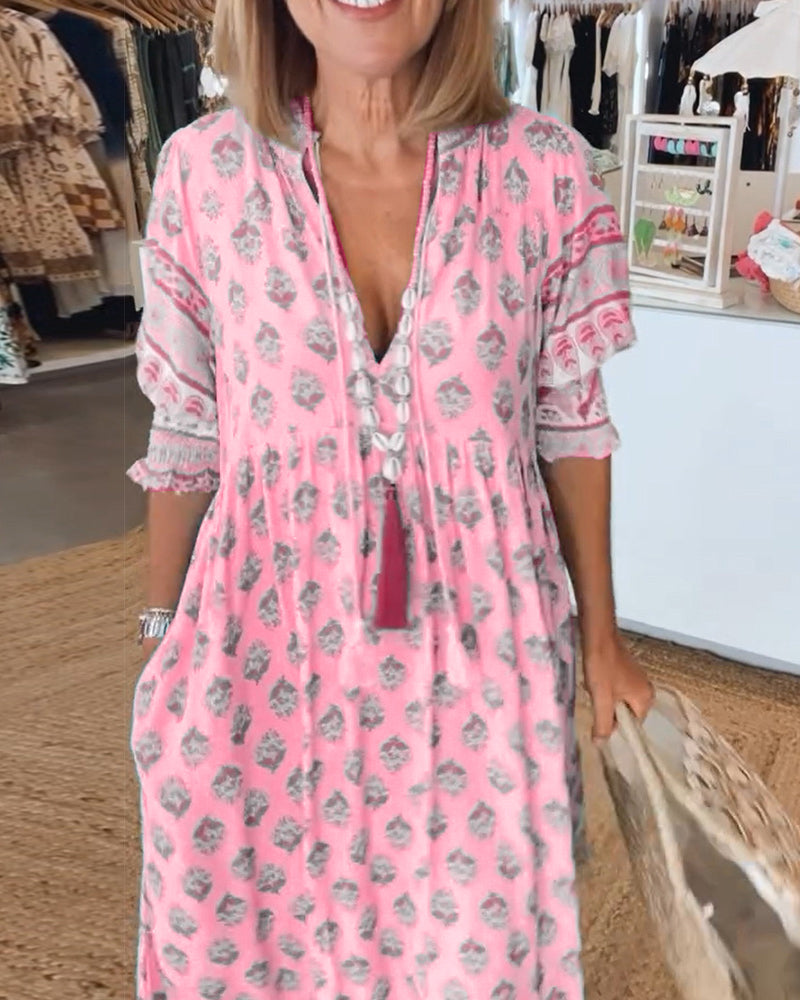 Rue - Casual Printed V-neck Half Sleeve Dress