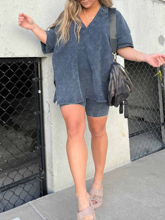 Ariana - Acid Wash Oversized Tee and Biker Shorts Set