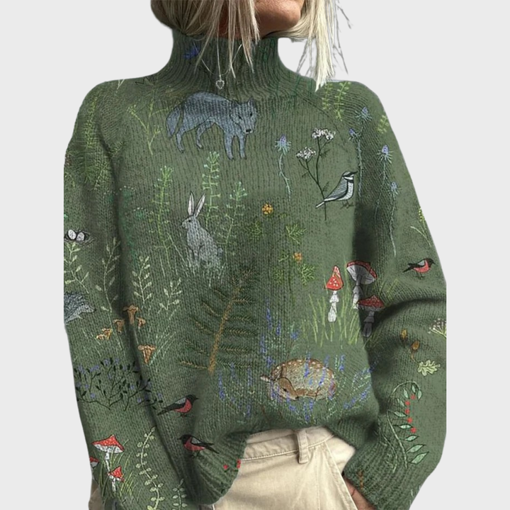 Hana | Cozy Knitted Sweater with Forest-Inspired Print