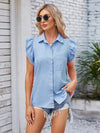 Leona Denim Single-Breasted Top with Flutter Sleeves