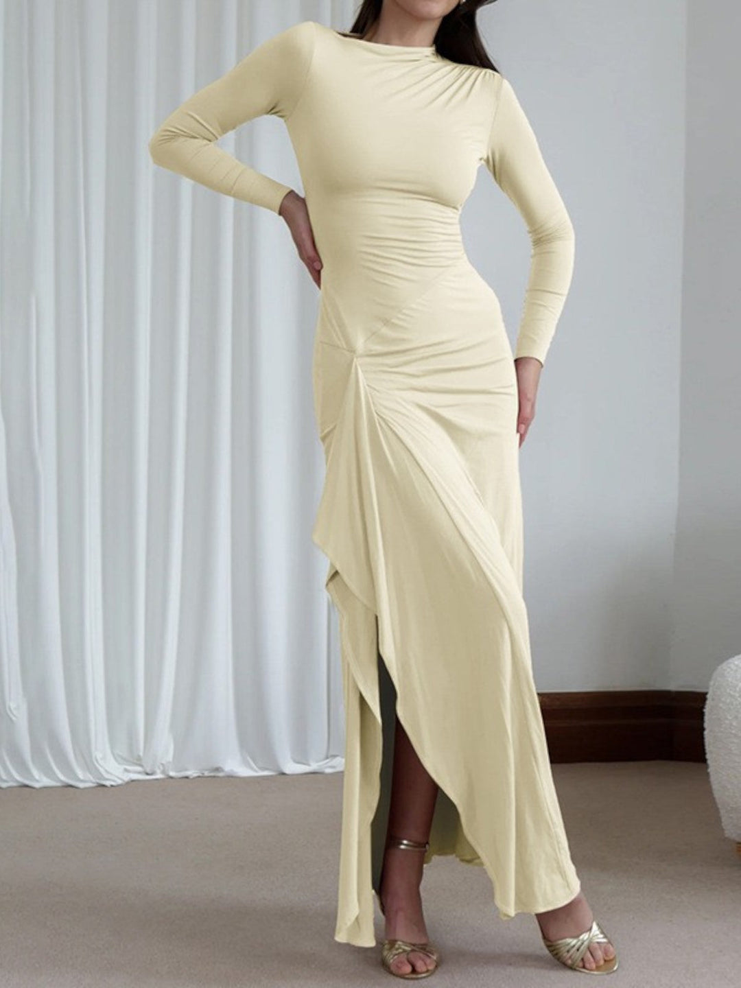 Isla Ruched Long-Sleeve Gown