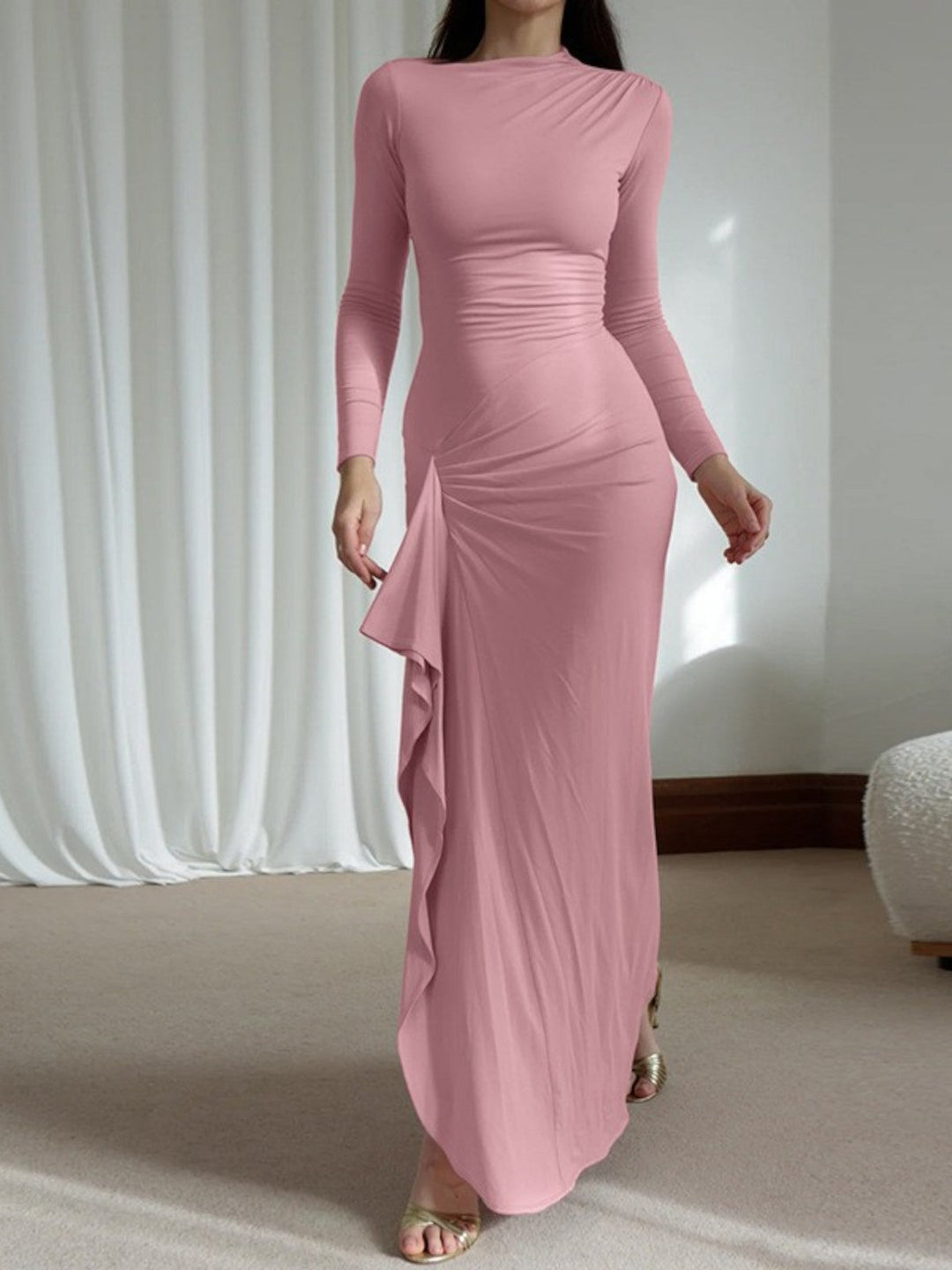 Isla Ruched Long-Sleeve Gown