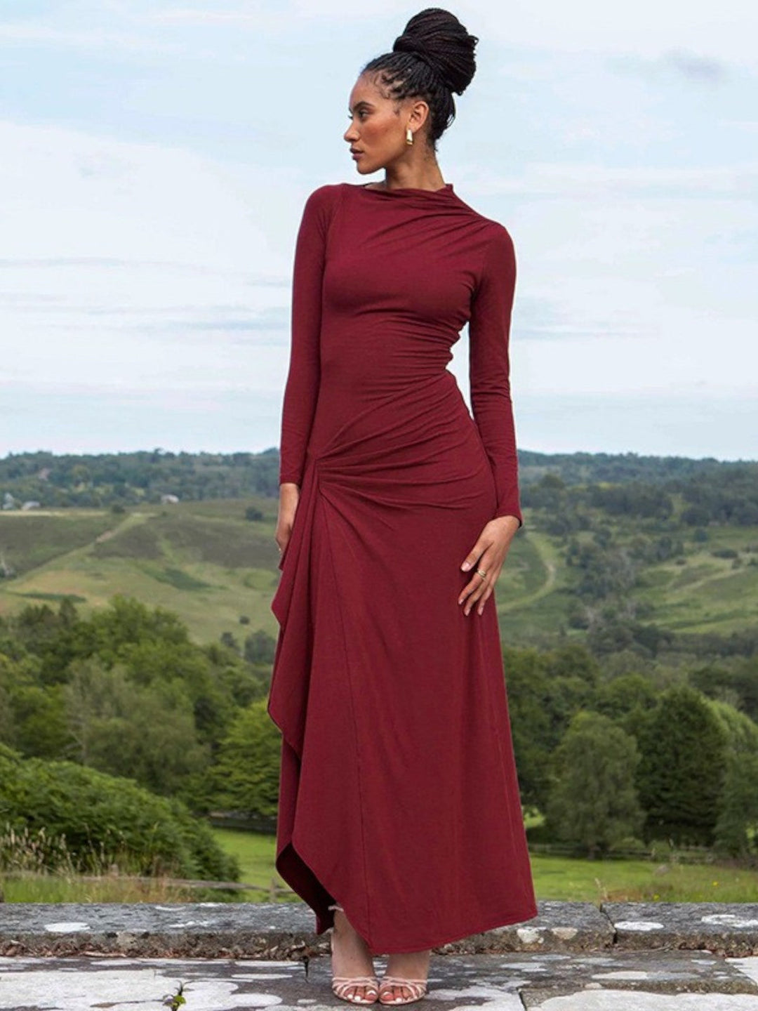 Isla Ruched Long-Sleeve Gown