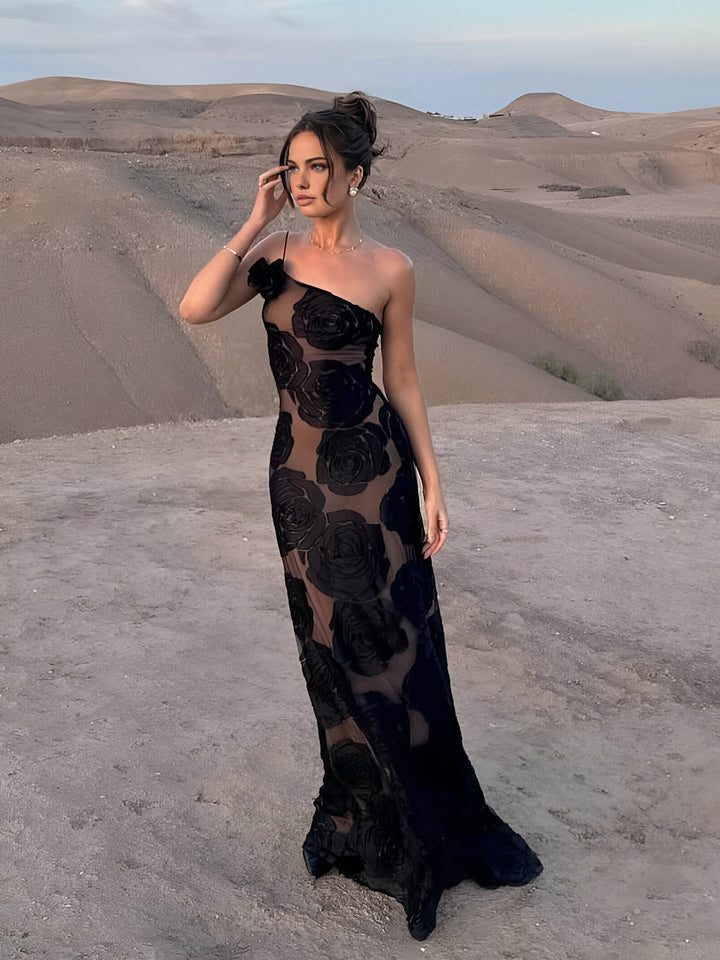 Sophia Black Jacquard Asymmetrical Gown