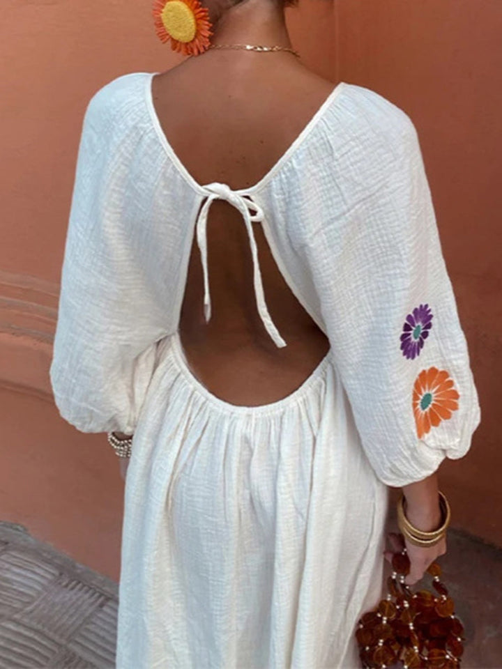 Elara Embroidered Backless Maxi Dress