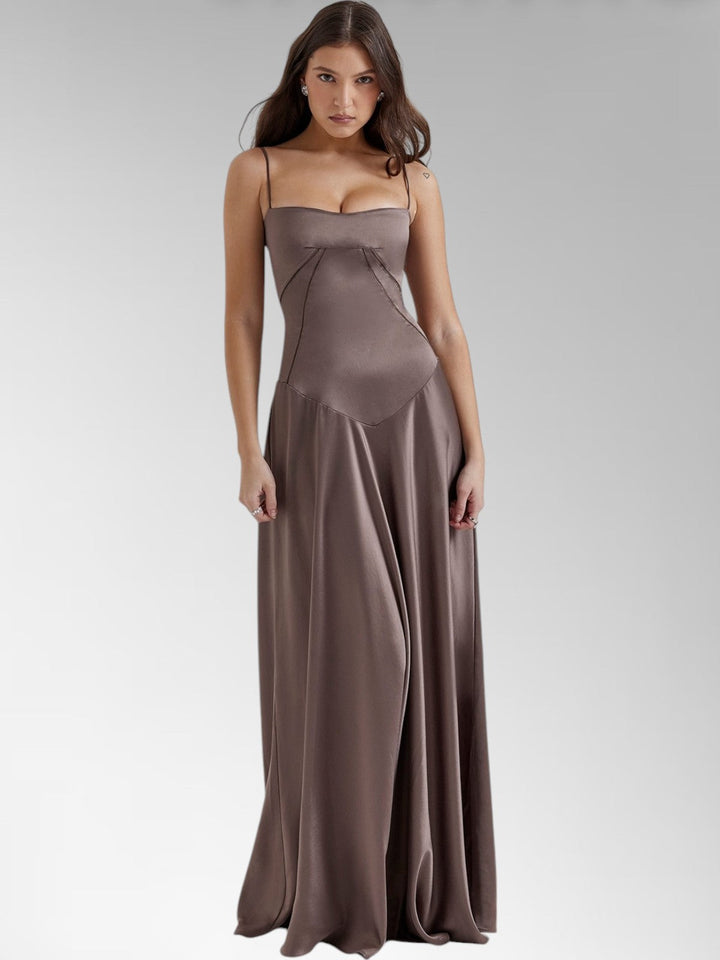 Anabel Brown Satin Lace-Up Evening Gown