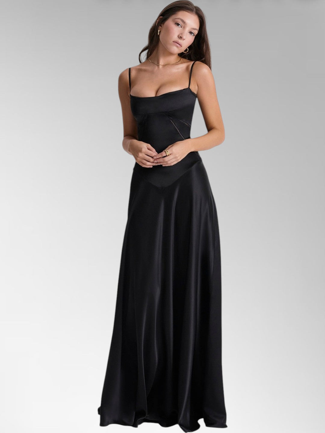 Anabel Black Satin Lace-Up Evening Gown