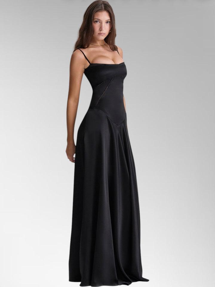 Anabel Black Satin Lace-Up Evening Gown