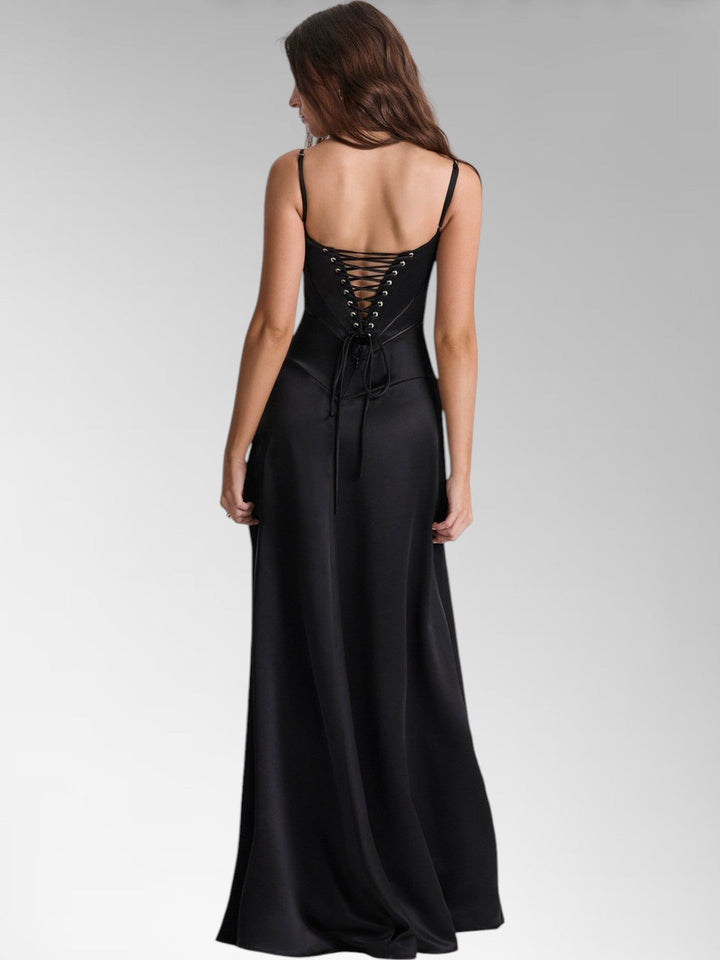 Anabel Black Satin Lace-Up Evening Gown