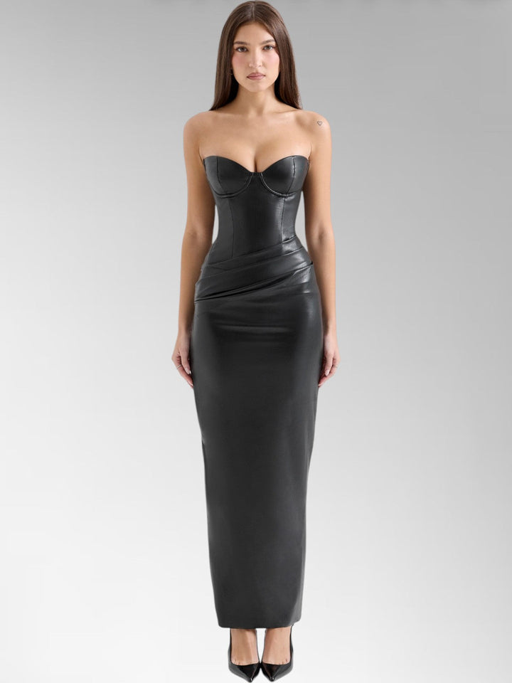 Alisa Black Strapless Leather Midi Dress