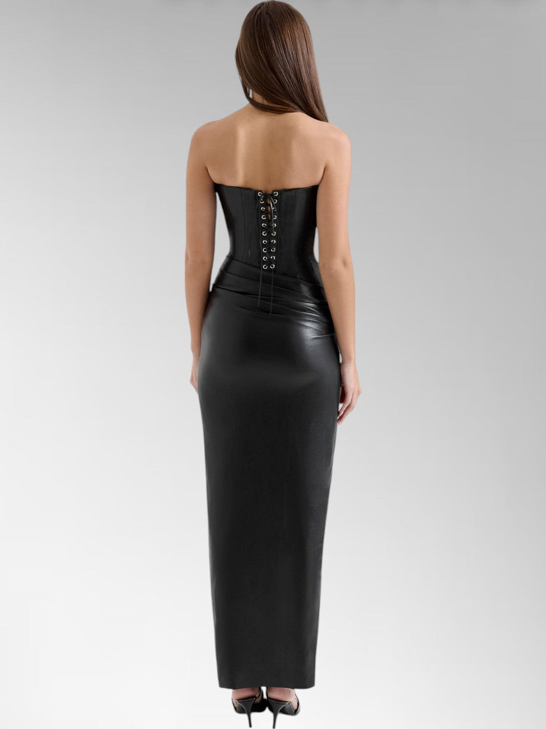Alisa Black Strapless Leather Midi Dress