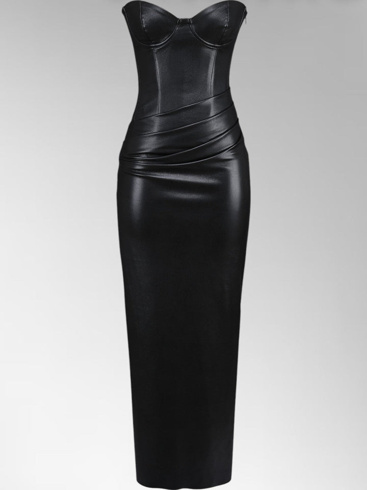Alisa Black Strapless Leather Midi Dress