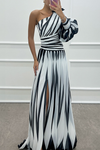 Chloe – Elegant Striped One Shoulder Maxi Dress