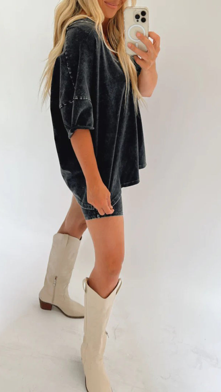 Ariana - Acid Wash Oversized Tee and Biker Shorts Set