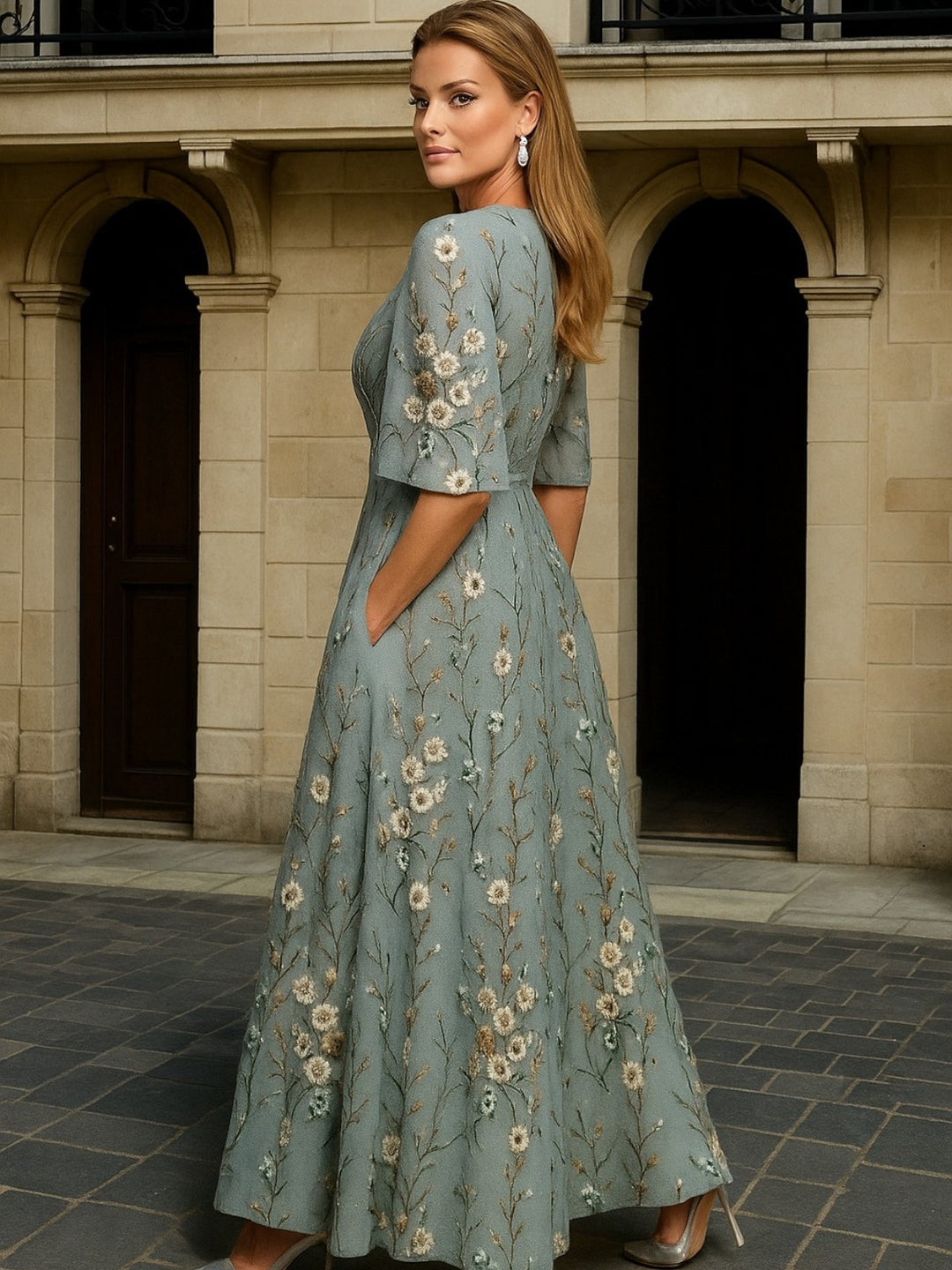 Hazel - Elegant V-Neck Belted Boho Dress