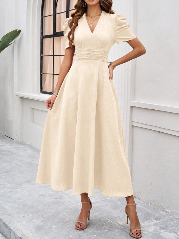 Cecily - V-Neck Midi Dress with Puff Sleeves and Ruched Waist