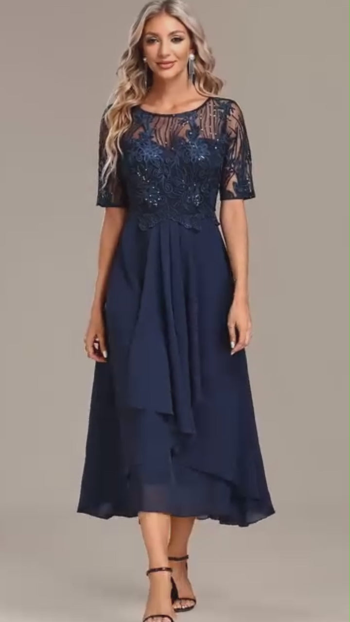 Luna Champagne Embroidery 3/4 Sleeve Round Neck Dress