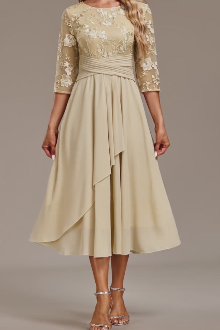 Luna Champagne Embroidery 3/4 Sleeve Round Neck Dress